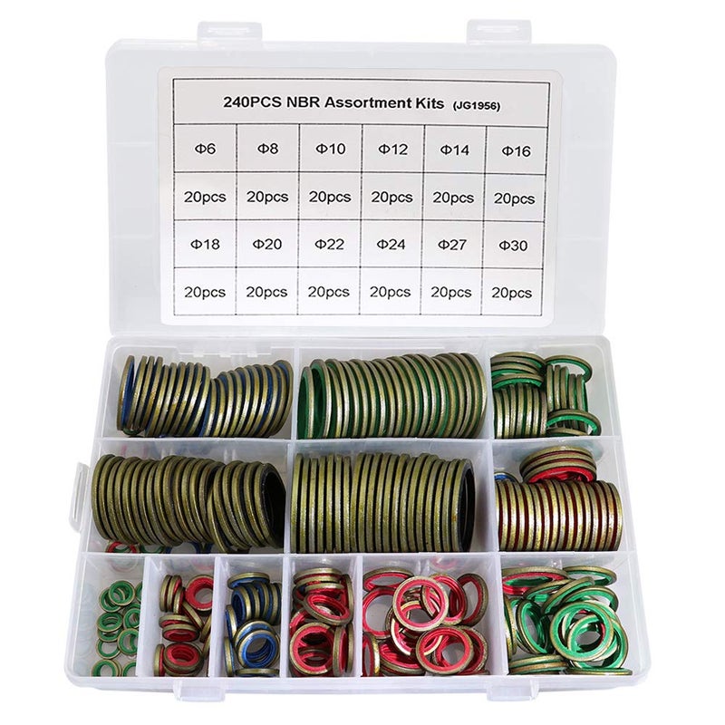 KOOTANS 240pcs 12 Sizes NBR Metal Bonded Sealing Washer Assort Kit Hydralic Oil Resist Rubber Oil Pipe Seal Gasket Metric NBR Metal Combination O-Ring Assortment Kit - Image 1
